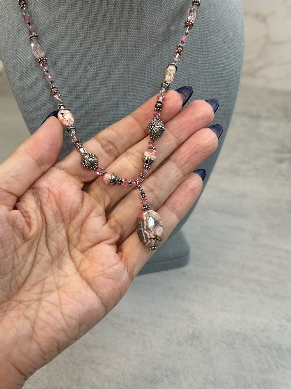 Charming Rhodonite Stone & Pink Crystsl Beaded 925 Sterling Silver Necklace - Picture 9 of 11